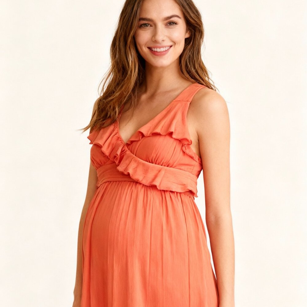 Kenneth Cole Reaction Orange Sleeveless Ruffled V-Neck Womens Dress